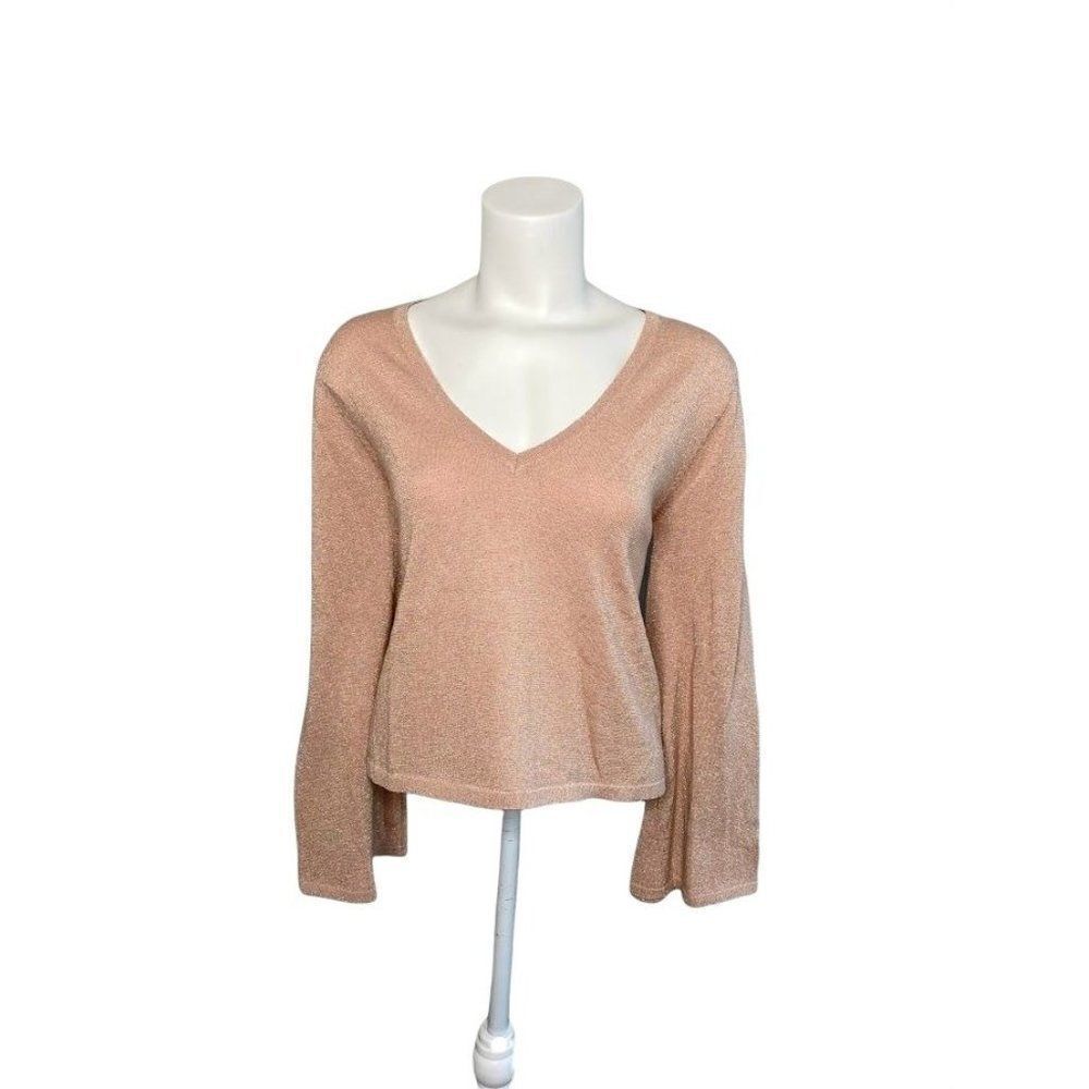 CALLAHAN Knitwear Pink Blush Gold Metallic Thread V Neck‎ Sweater Large NEW